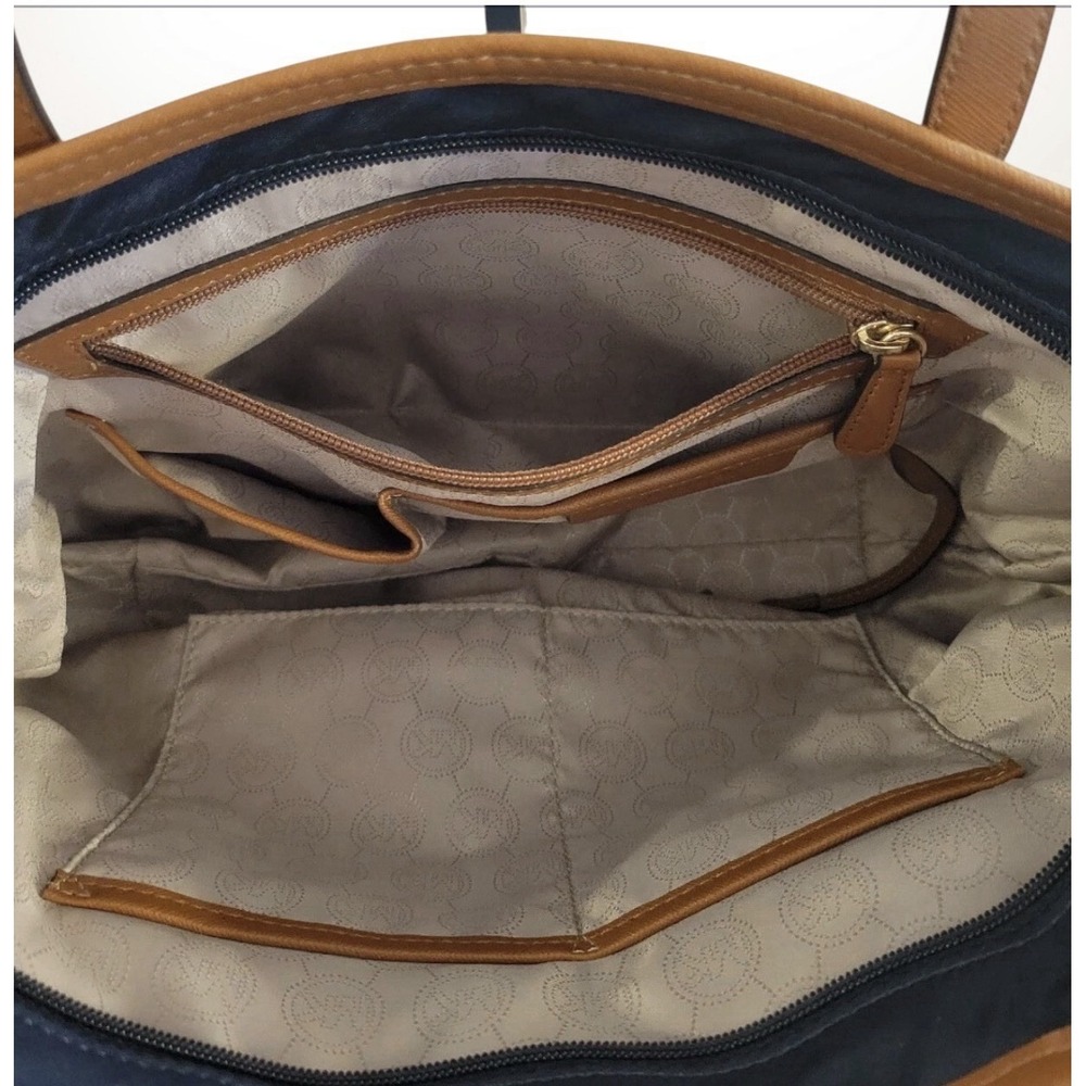 Michael Kors Kempton Lg East West Tote-Navy Blue w/Brown Leather Trim, Gold MK - Picture 7 of 14